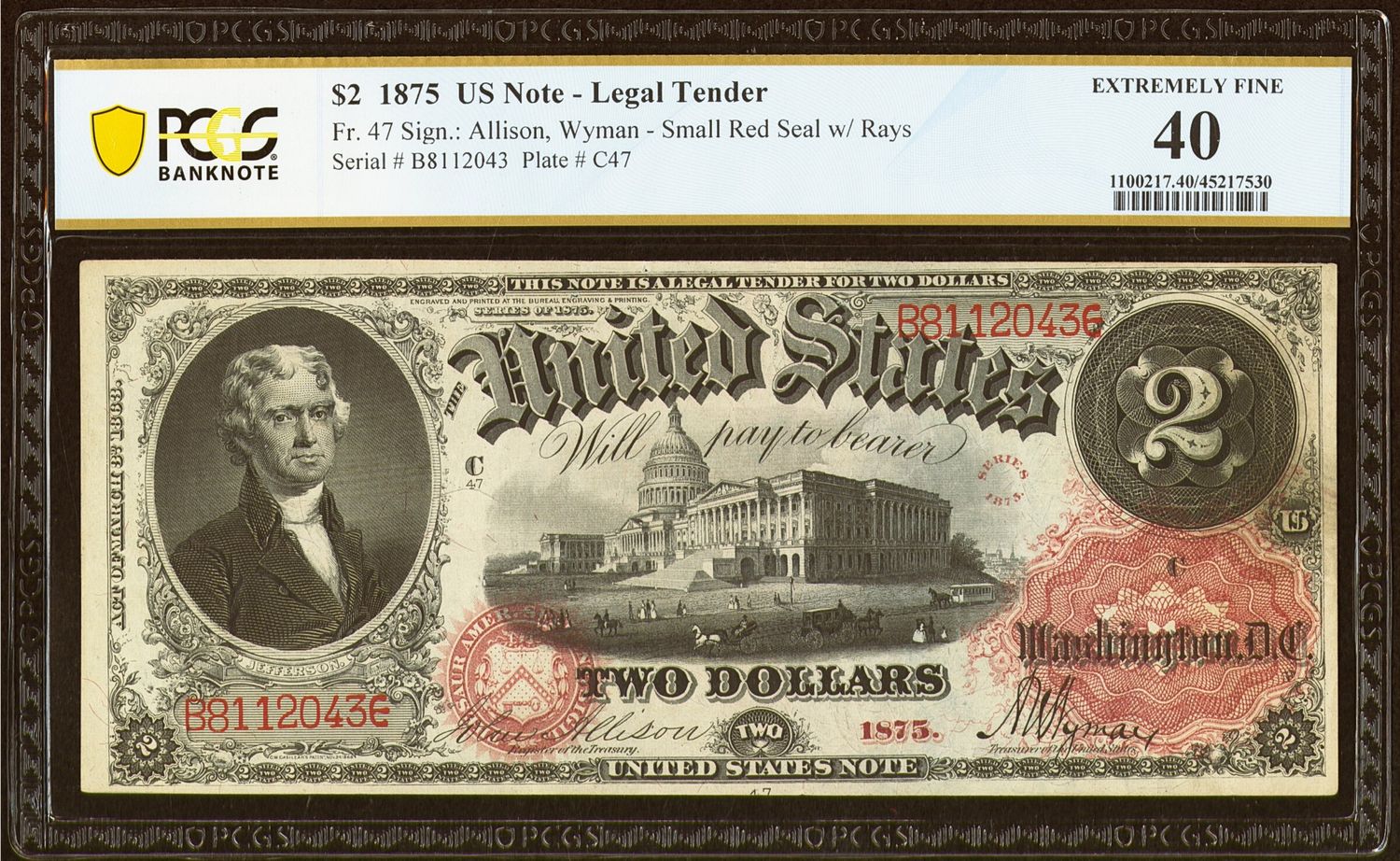 1875 $2 Legal Tender FR. 44 PCGS 40 XF