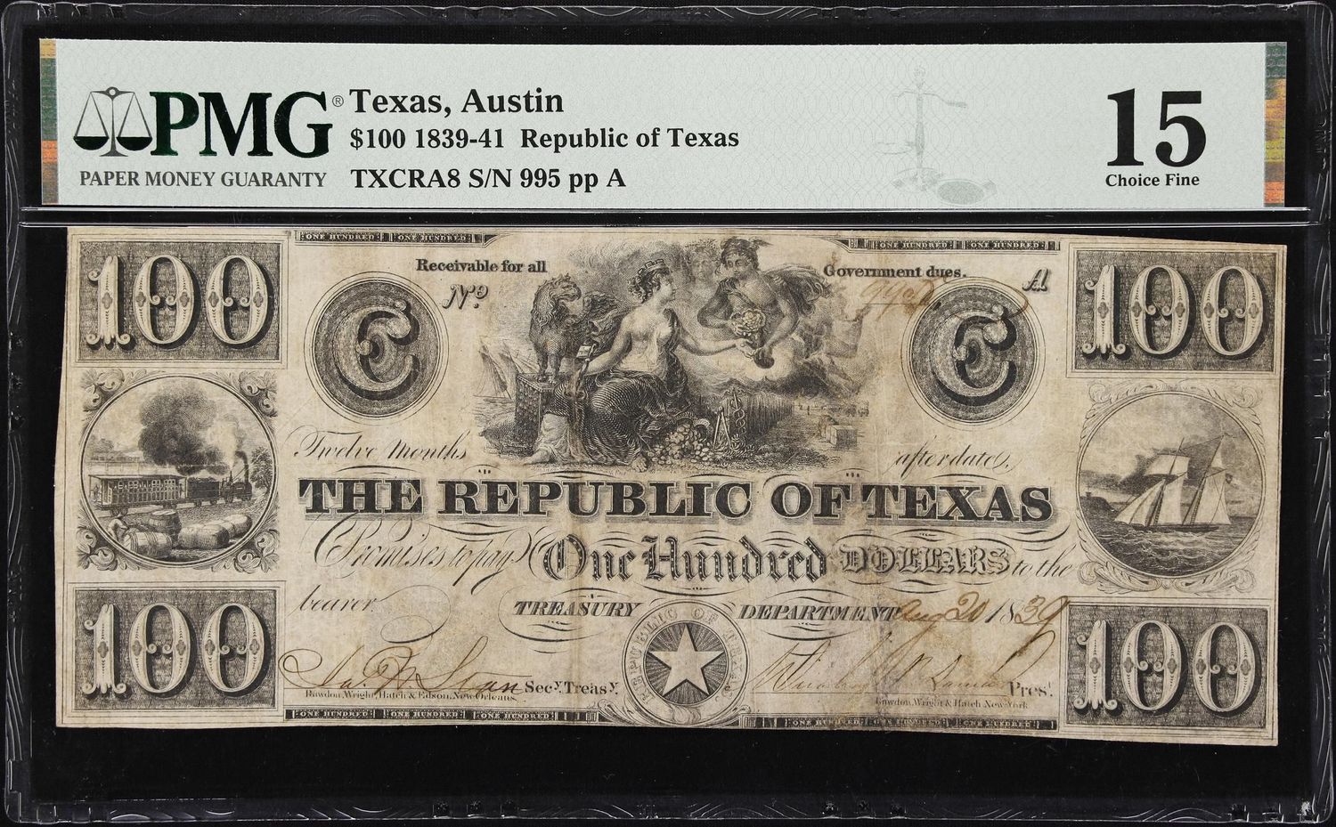 $100 1839-41  Republic of Texas Austin, Texas PMG 15