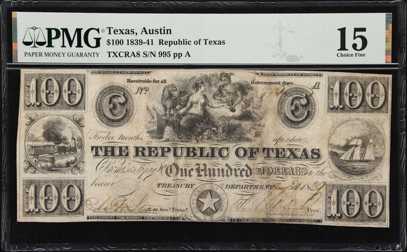 $100 1839-41  Republic of Texas Austin, Texas PMG 15