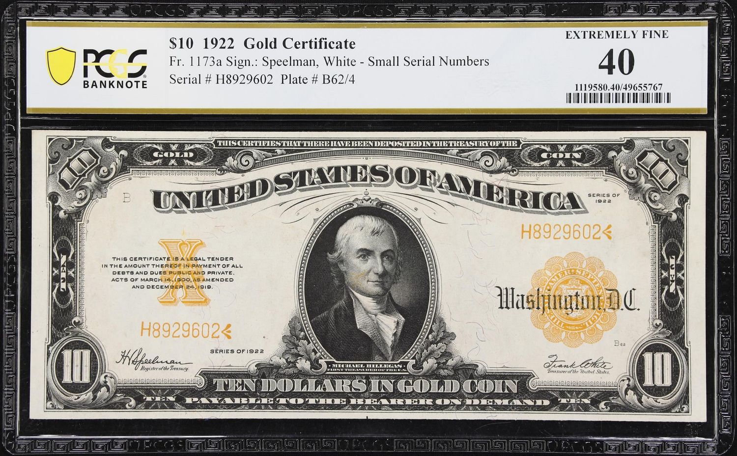 1922 $10 Gold Certificate Note Fr. 1173a PCGS 40 XF 1922 $10 Gold Certificate Note Fr. 1173a PCGS 40 XF