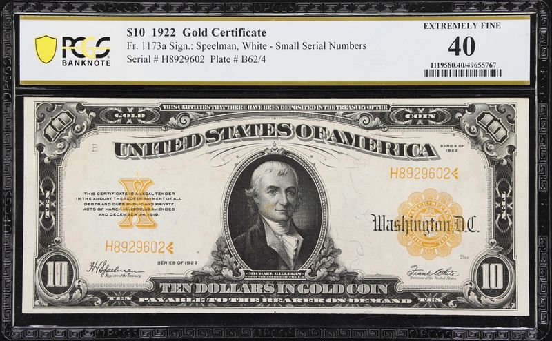 1922 $10 Gold Certificate Note Fr. 1173a PCGS 40 XF 1922 $10 Gold Certificate Note Fr. 1173a PCGS 40 XF