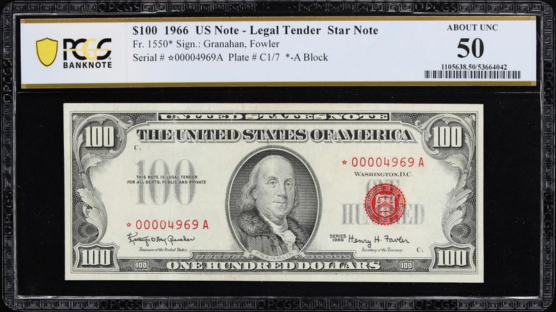 $100 1966 Legal Tender Star Note Fr.1550* Red Seal PCGS 50 About UNC low serial $100 1966 Legal Tender Star Note Fr.1550* Red Seal PCGS 50 About UNC low serial