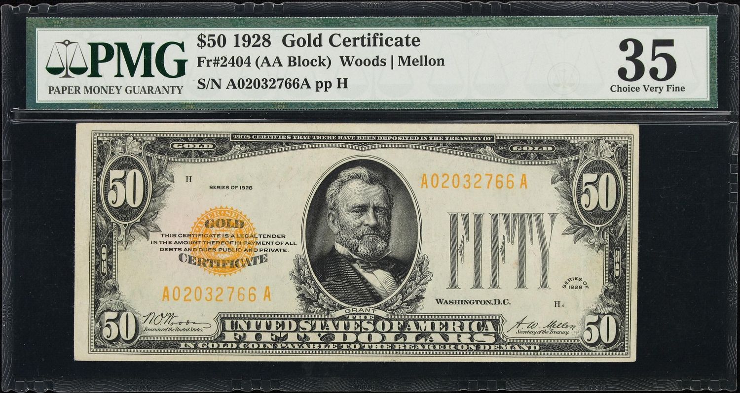 1928 $50 Gold Certificate Fr. 2404 (AA Block ) PMG 35 Very Fine 1928 $50 Gold Certificate Fr. 2404 (AA Block ) PMG 35 Very Fine