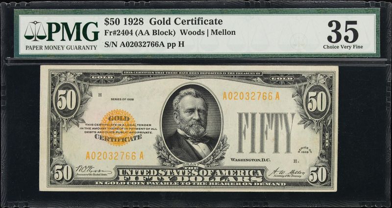 1928 $50 Gold Certificate Fr. 2404 (AA Block ) PMG 35 Very Fine 1928 $50 Gold Certificate Fr. 2404 (AA Block ) PMG 35 Very Fine