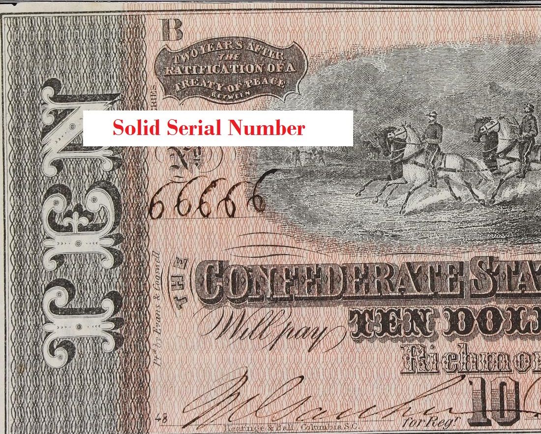 1864 $10 Confederate States of America T-68 Solid Serial Number 66666 - PMG 53