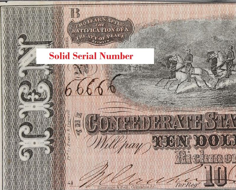 1864 $10 Confederate States of America T-68 Solid Serial Number 66666 - PMG 53