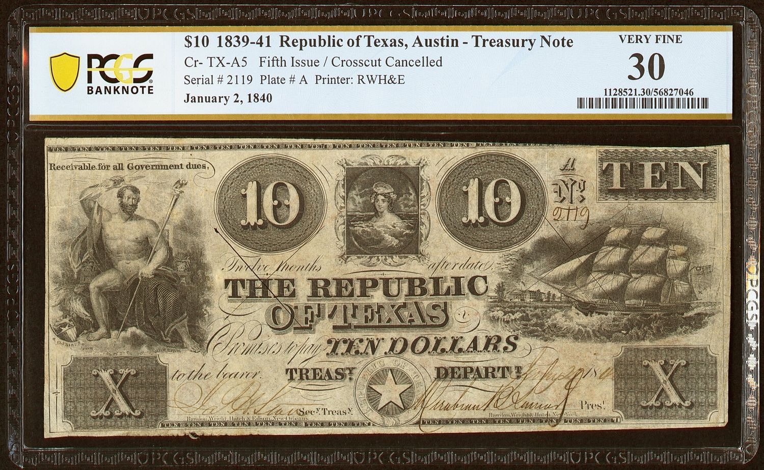1839-41 $10 Republic of Texas, Austin Obsolete Note -PCGS 30