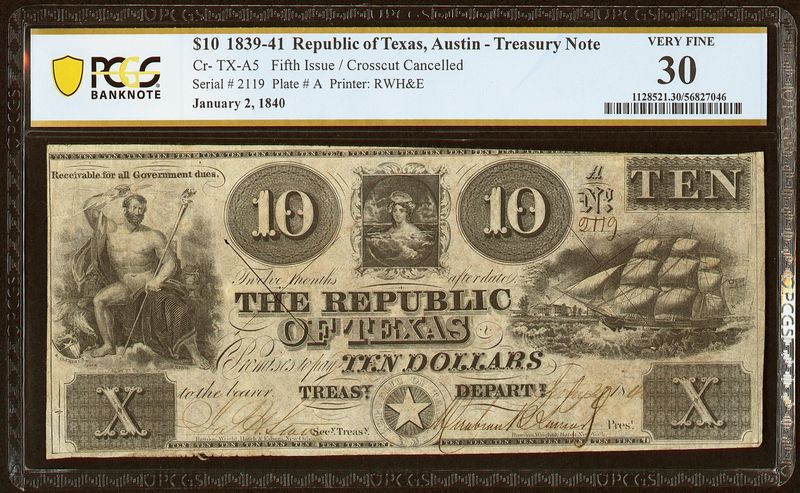 1839-41 $10 Republic of Texas, Austin Obsolete Note -PCGS 30