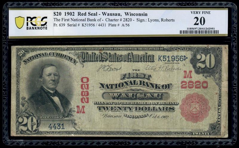 $20 1902 Red Seal The First National Bank Wausau, Wisconsin Ch.2820 PCGS 20 VF