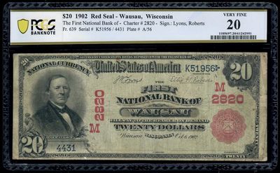 $20 1902 Red Seal The First National Bank Wausau, Wisconsin Ch.2820 PCGS 20 VF