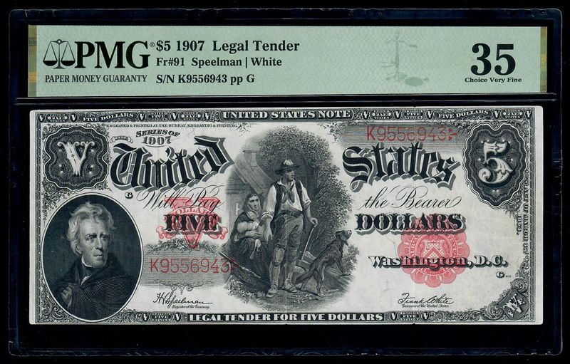 1907 $5 Legal Tender Note Fr. 91 Speelman / White PMG 35 VF