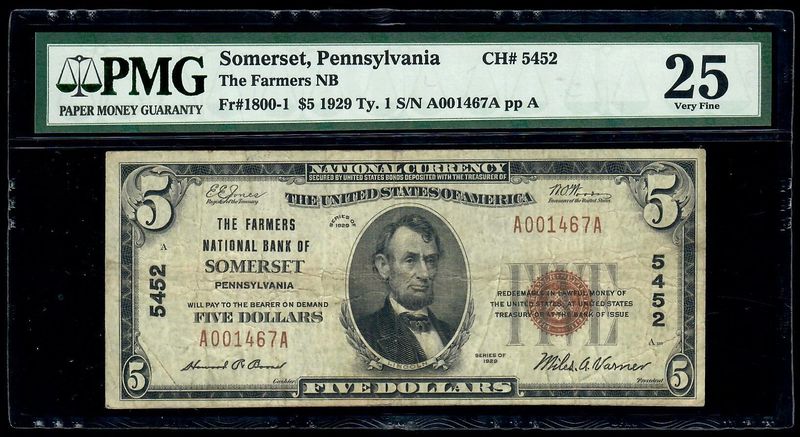 1929 $5 The First Farmers National Bank of Somerset , PA CH. 5452 PMG 25 VF
