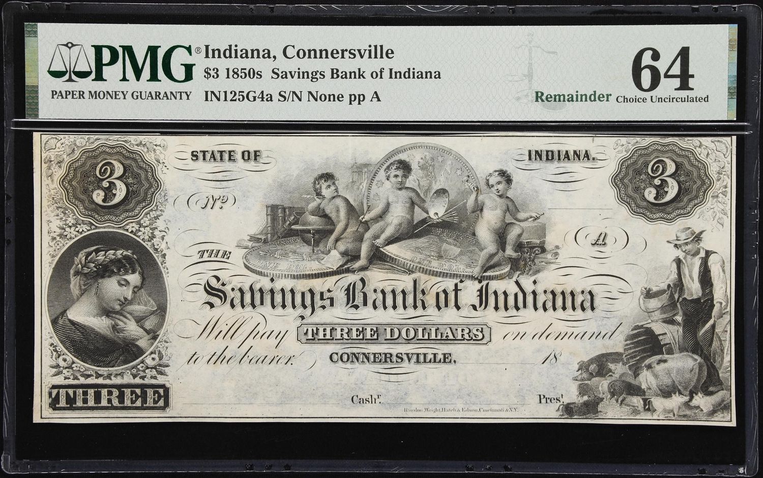1850 $3 Savings Bank of Indiana Connersville IN Remainder Note PMG 64 UNC