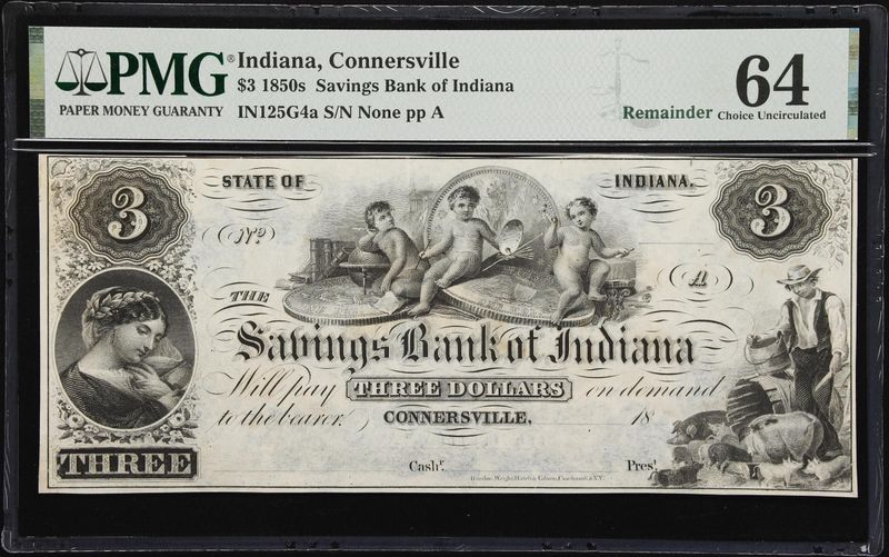 1850 $3 Savings Bank of Indiana Connersville IN Remainder Note PMG 64 UNC