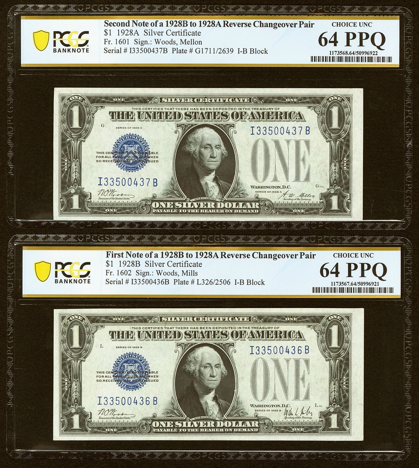 1928B-1928A $1 Silver Certificates. Reverse /Changeover Pair PCGS 64PPQ