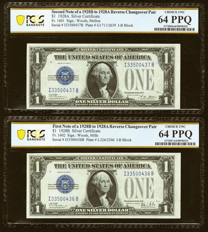 1928B-1928A $1 Silver Certificates. Reverse /Changeover Pair PCGS 64PPQ