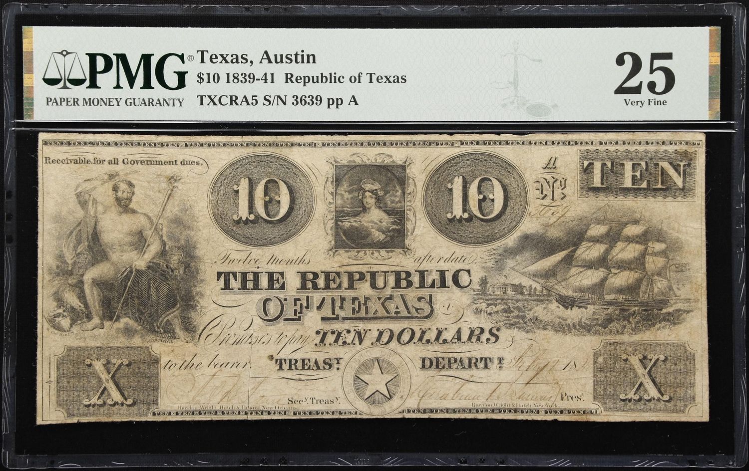 1839-41 $10 Republic of Texas, Austin PMG 25 Very Fine