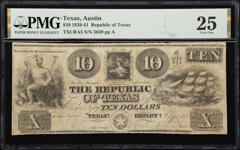 1839-41 $10 Republic of Texas, Austin PMG 25 Very Fine