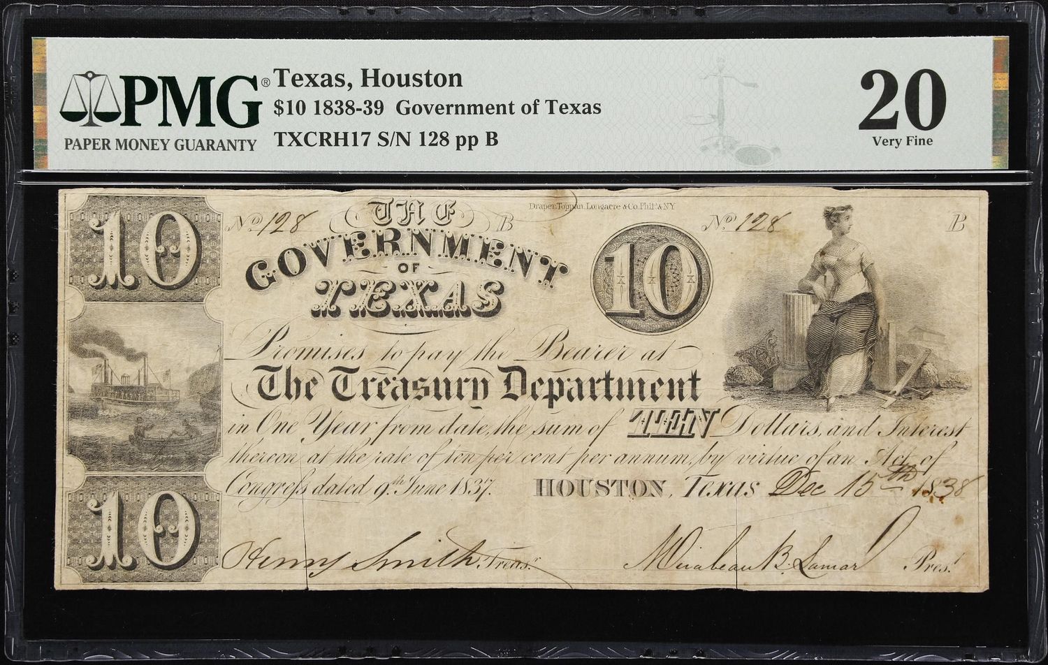 1838 $10 Houston, Texas. Government of Texas.  PMG 20 Very Fine