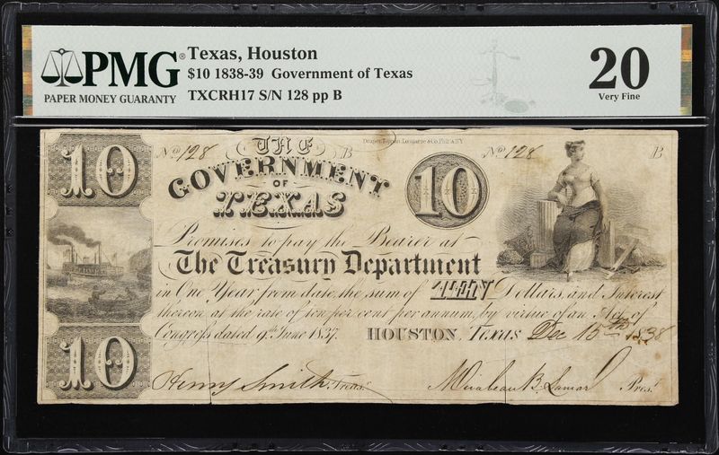 1838 $10 Houston, Texas. Government of Texas.  PMG 20 Very Fine