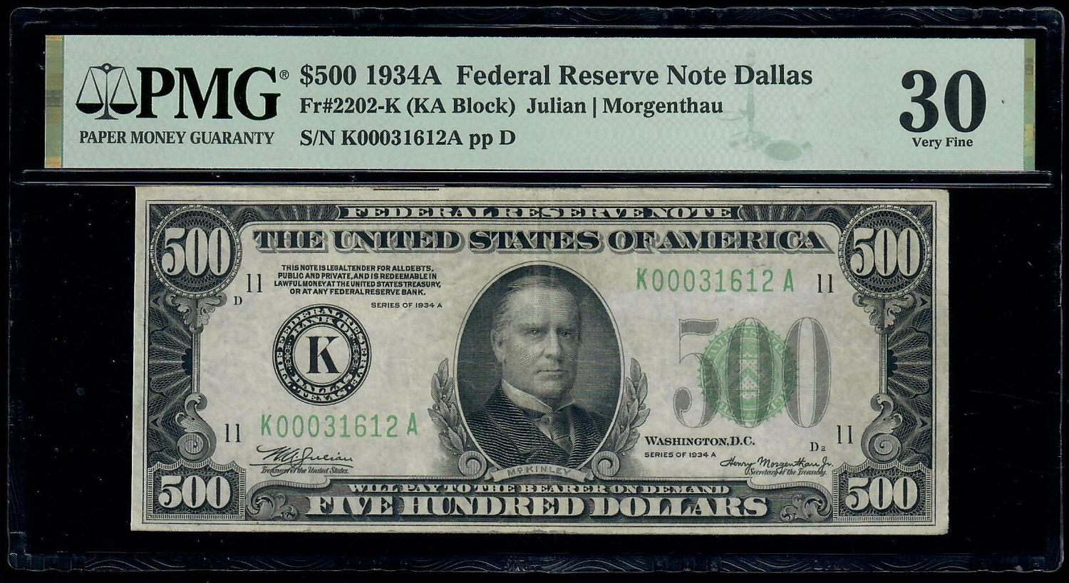1934A $500 Federal Reserve Note Dallas , Texas Fr. 2202-K PMG 30 Very Fine