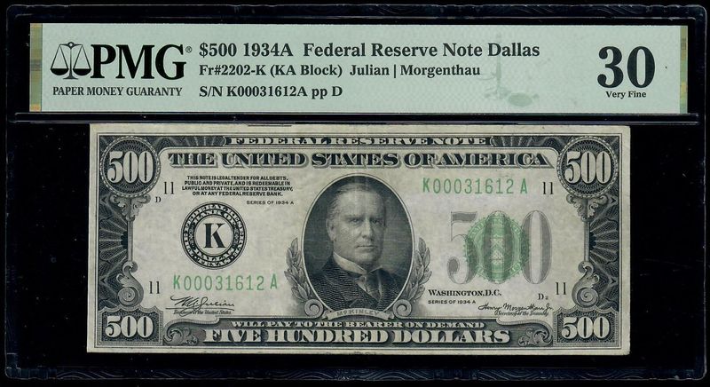 1934A $500 Federal Reserve Note Dallas , Texas Fr. 2202-K PMG 30 Very Fine