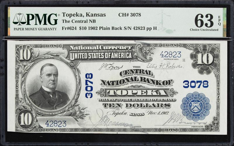 1902  $10 The Central National Bank  Topeka, KS - Plain Back PMG 63 EPQ