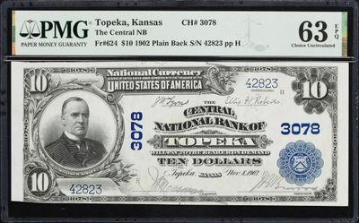 1902  $10 The Central National Bank  Topeka, KS - Plain Back PMG 63 EPQ