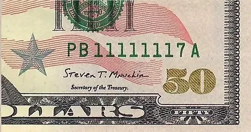 2017 $50 Federal Reserve Note - Fancy Serial Number PB11111117A Choice UNC 2017 $50 Federal Reserve Note - Fancy Serial Number PB11111117A Choice UNC