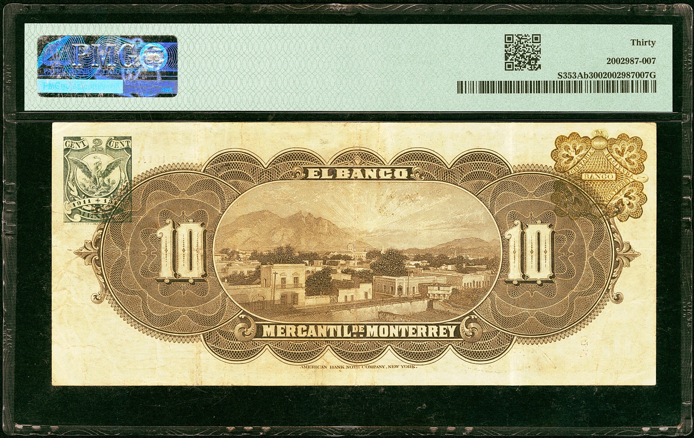 1911 $10 Pesos Banco Mercantil de Monterrey PMG 30 Very Fine