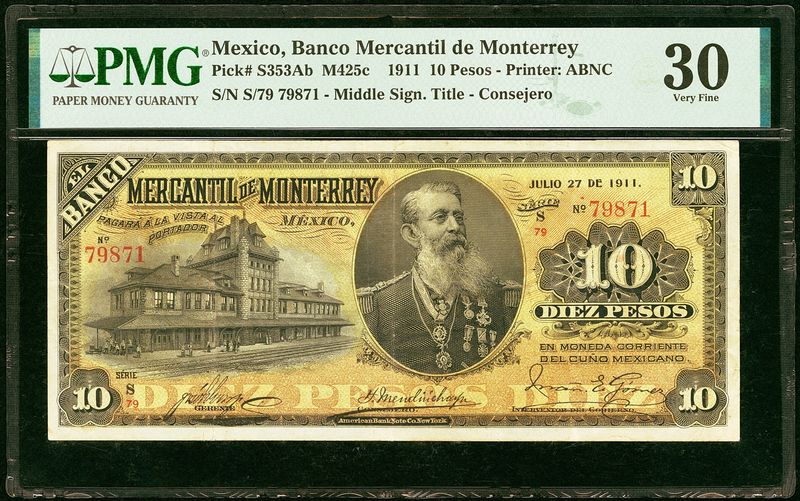 1911 $10 Pesos Banco Mercantil de Monterrey PMG 30 Very Fine