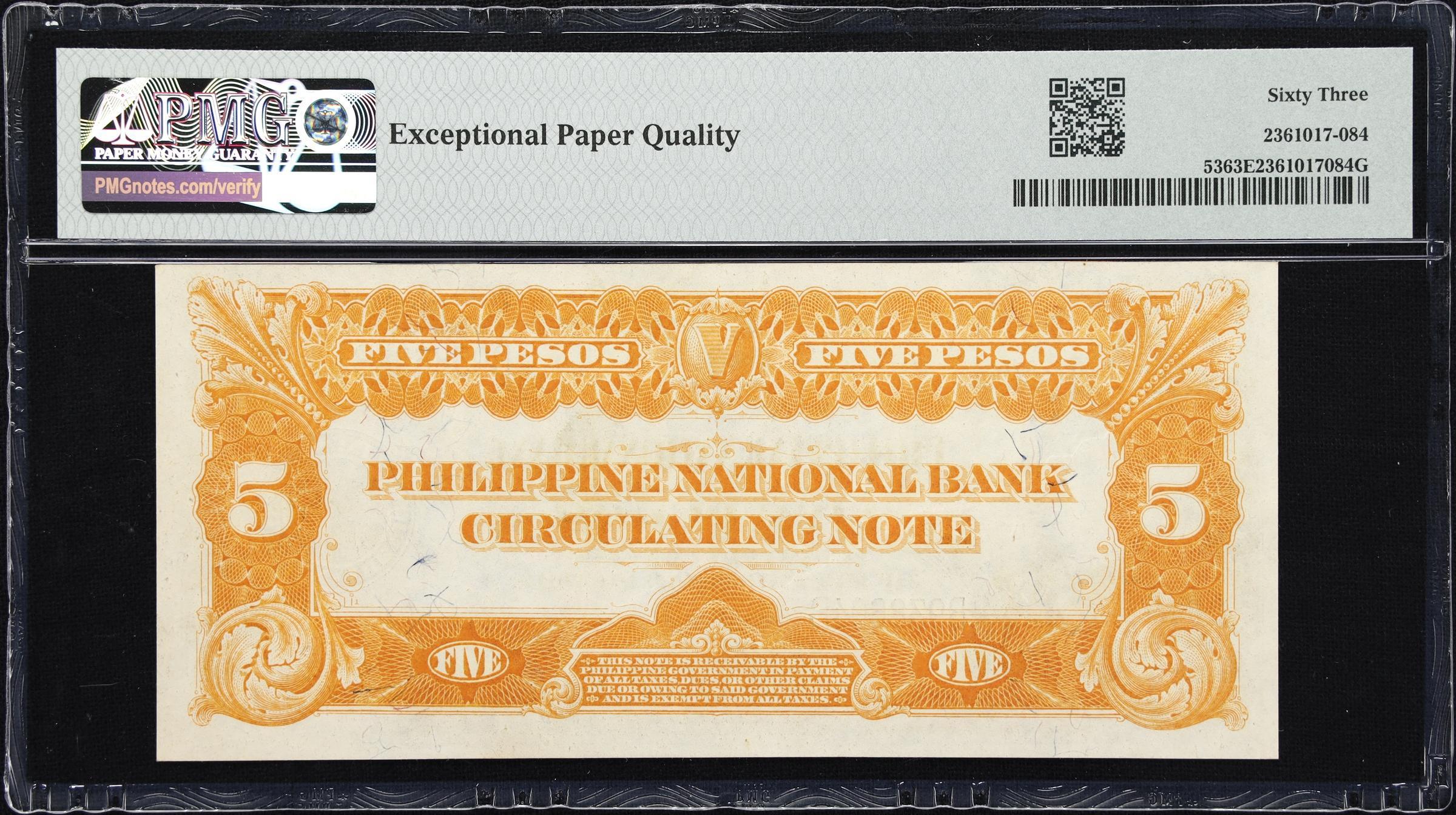 1921 $5 Pesos Philippine National Bank, Printer : USBEP Pick# 53 PMG 63