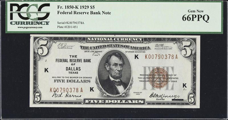 1929 $5 FRBN Dallas, Tx Fr. 1850-K PCGS 66 EPQ