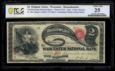 $2 1865 Worcester National Bank Massachusetts FR. 387a PCGS 25 LAZY DEUCE $2 1865 Worcester National Bank Massachusetts FR. 387a PCGS 25 LAZY DEUCE