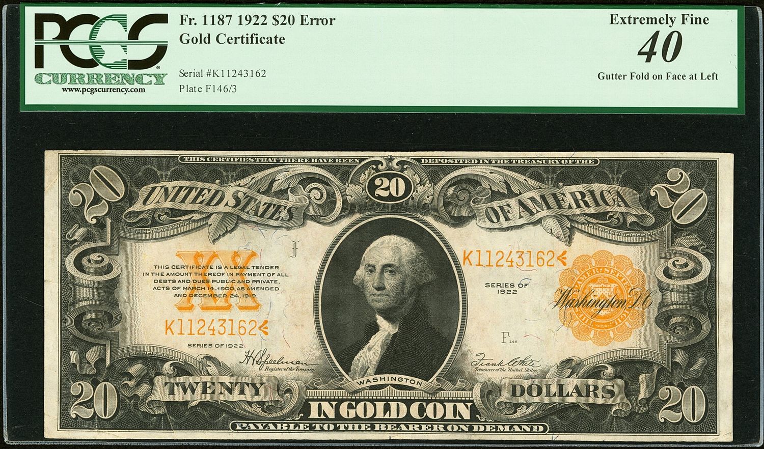 $20 1922 Gold Certificate Fr. 1187 Gutter Fold Error PCGS 40 XF