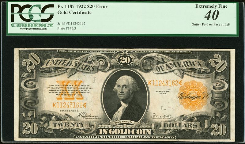 $20 1922 Gold Certificate Fr. 1187 Gutter Fold Error PCGS 40 XF $20 1922 Gold Certificate Fr. 1187 Gutter Fold Error PCGS 40 XF