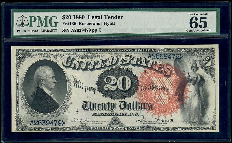 1880 $20 Legal Tender Rosecrans / Hyatt  Fr# 136 PMG 65 EPQ