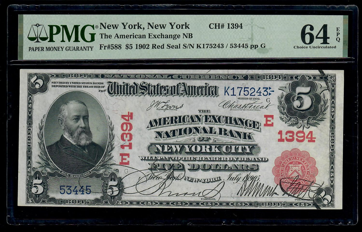 $5 1902 Red Seal National Bank New York ,NY Ch.1394 PMG64 EPQ