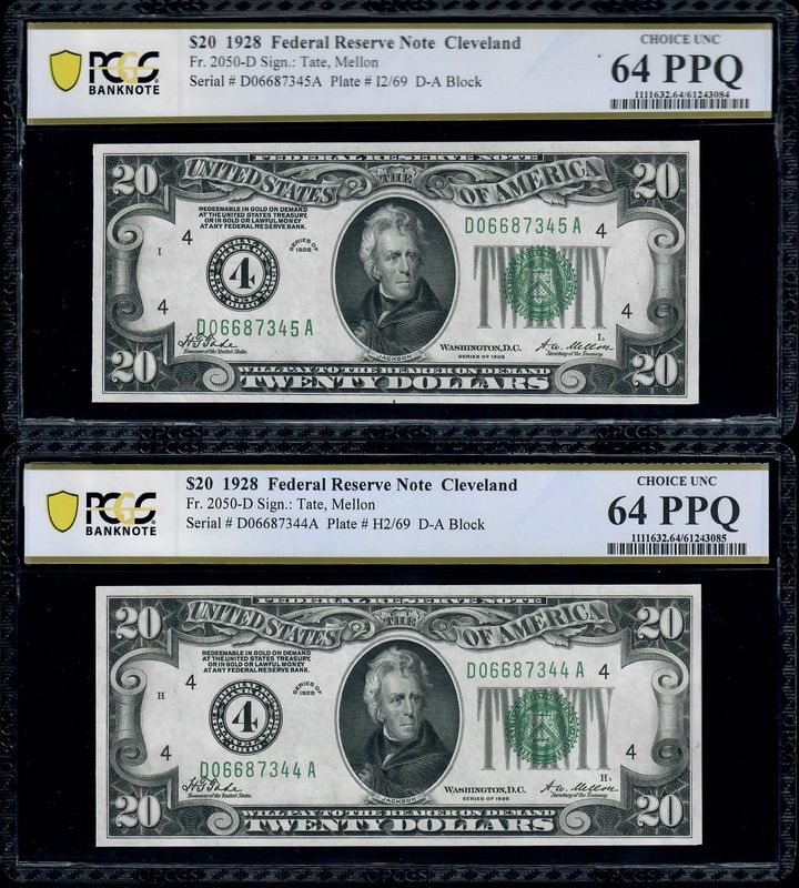 2 Consecutive 1928 $20 Federal Reserve Note Cleveland PCGS 64 PPQ