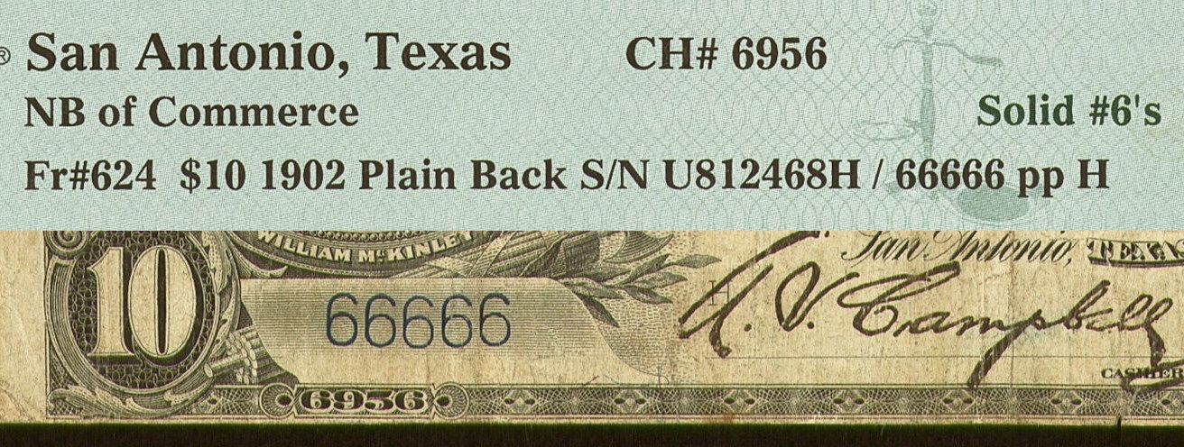 $10 1902 Plain Back Fr. 624 NB of Commerce San Antonio, TX PMG 15 Solid 6`s