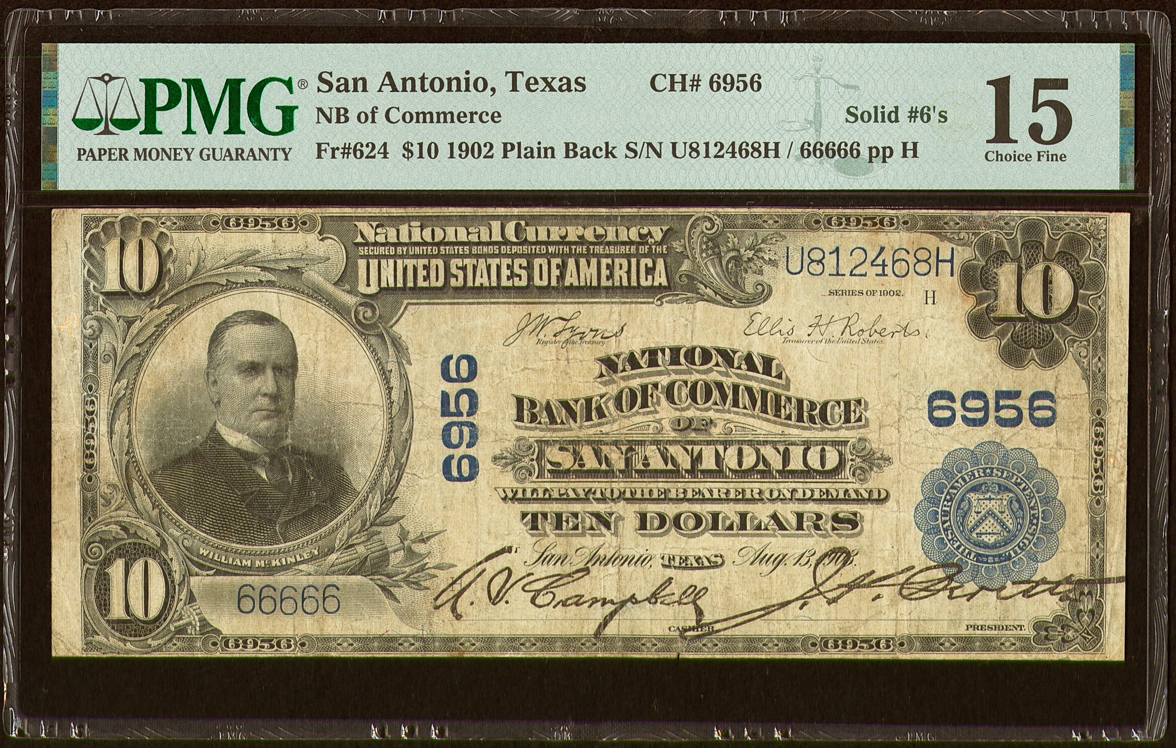 $10 1902 Plain Back Fr. 624 NB of Commerce San Antonio, TX PMG 15 Solid 6`s