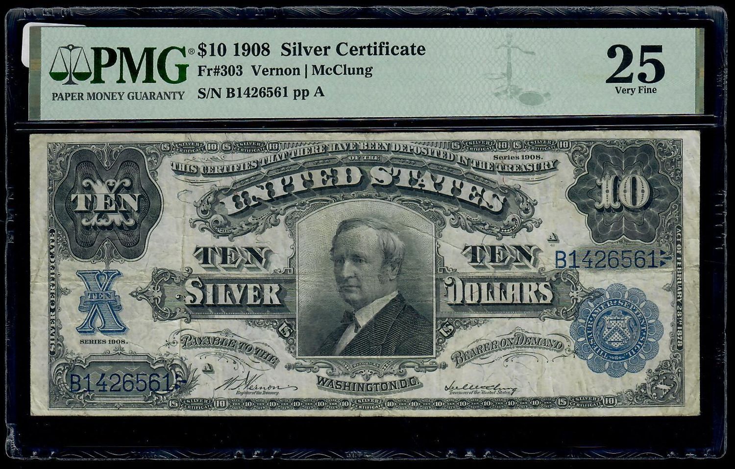 1908 $10 Silver Certificate Tombstone Note Fr.303 PMG 25 VF