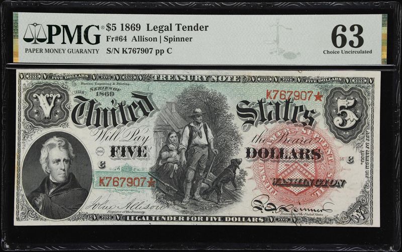1869 $5 Legal Tender  Rainbow Woodchopper UNC- PMG 63