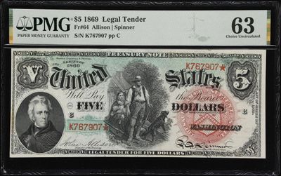 1869 $5 Legal Tender  Rainbow Woodchopper UNC- PMG 63
