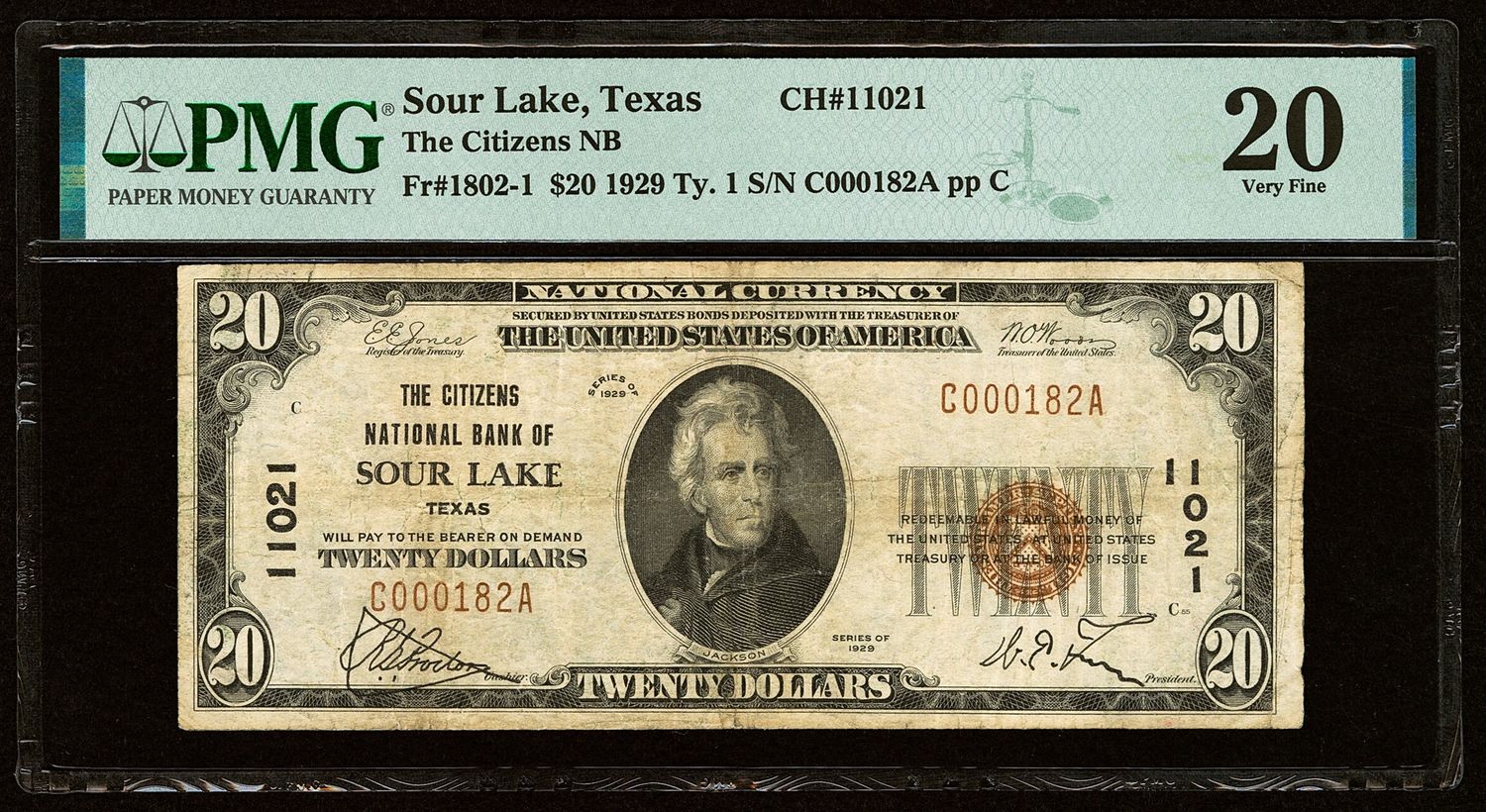 $20 1929 The Citizens National Bank of  Sour Lake, Texas PMG 20