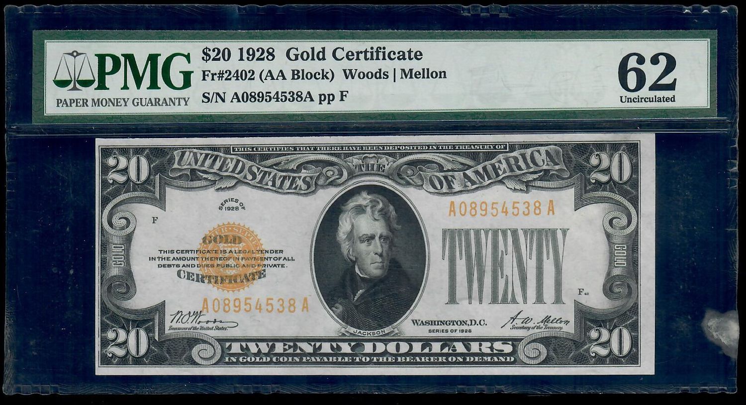1928 $20 Gold Certificate Fr.2402 ( AA Block ) Woods / Mellon , PMG 62