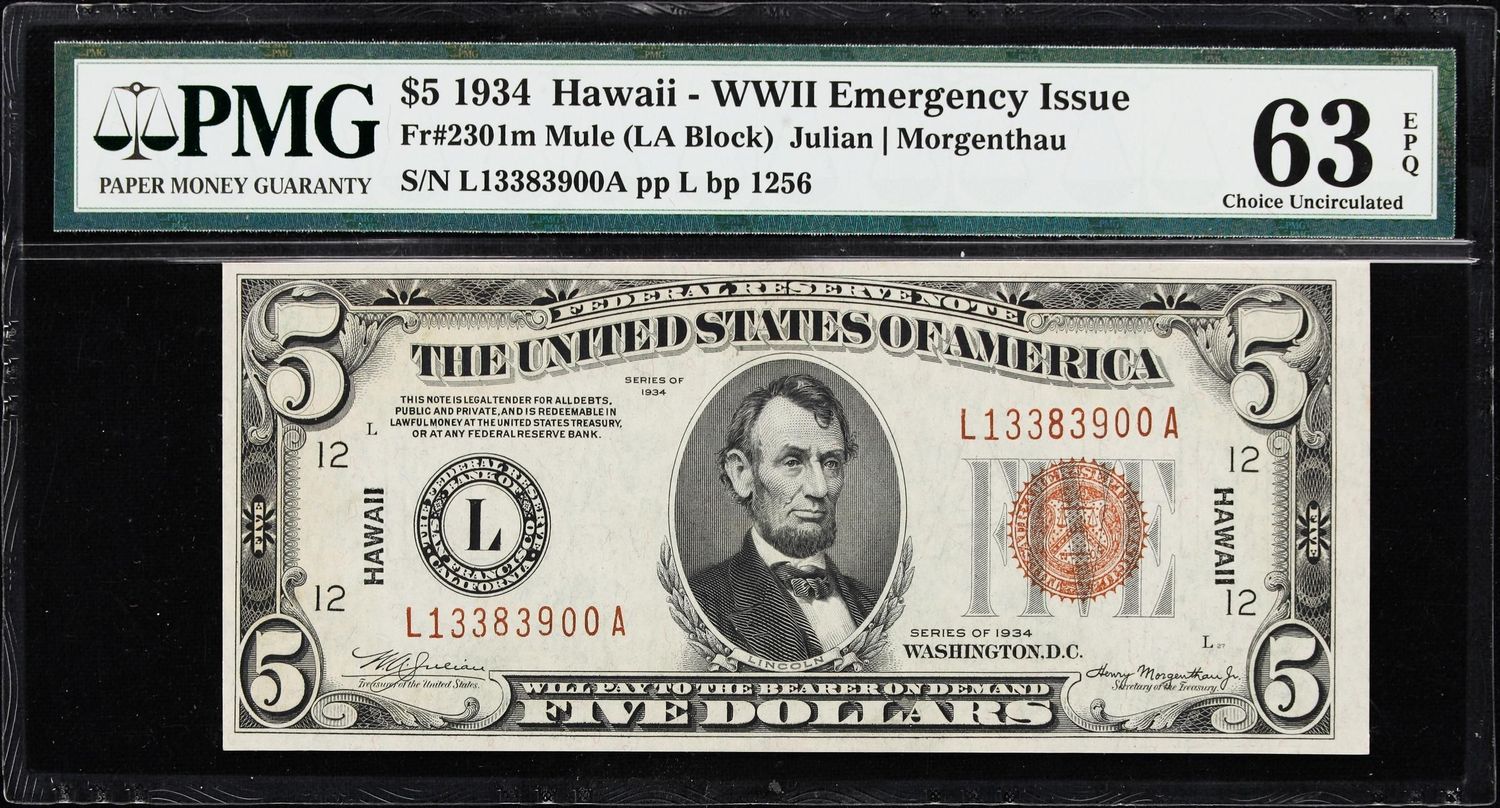 1934 $5 Hawaii WWII Emergency Issue FR-2301m PMG 63 PPQ Mule Note 1934 $5 Hawaii WWII Emergency Issue FR-2301m PMG 63 PPQ Mule Note