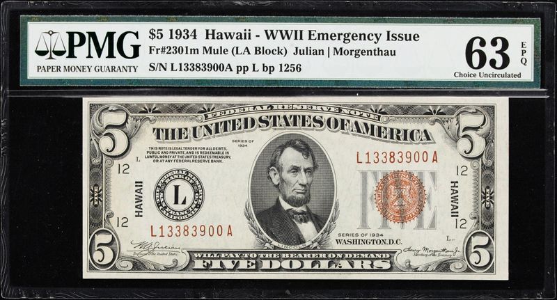 1934 $5 Hawaii WWII Emergency Issue FR-2301m PMG 63 PPQ  Mule Note