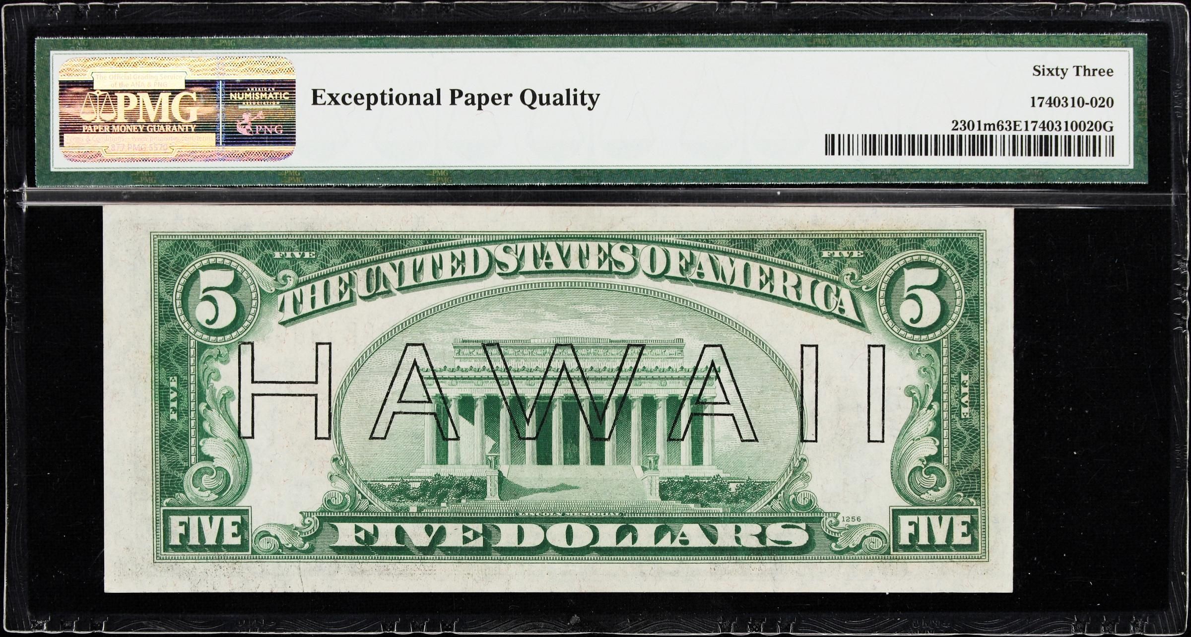 1934 $5 Hawaii WWII Emergency Issue FR-2301m PMG 63 PPQ Mule Note