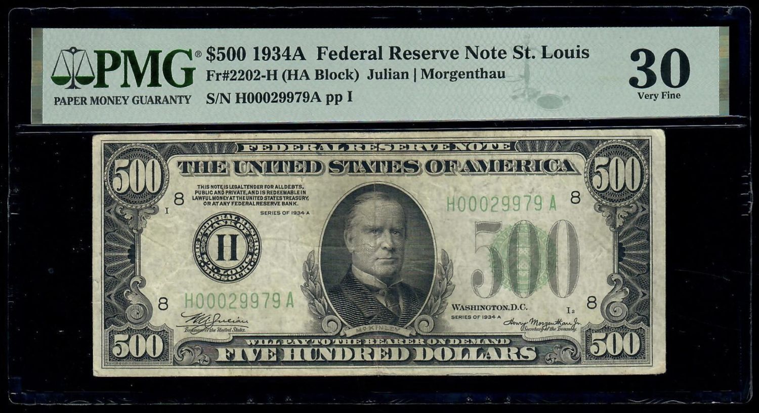 Fr. 2202-H 1934A $500 Federal Reserve Note. St. Louis PMG 30 V